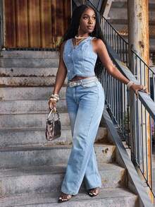 Slaydiva Áo sơ mi denim nữ thời trang mùa xuân/hè, kiểu dáng thường ngày, cài khuy phía trước, có đinh tán. - Màu xanh lam - Xem 5
