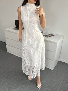 Modelyn Women's Stand Collar Lace Patchwork Elegant Waist Cinched Midi Party Dress - White - View 3