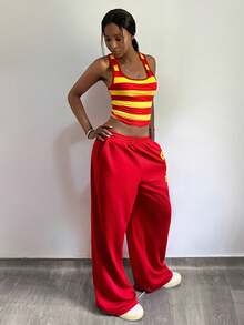 StreetHx 女士Y2K风格条纹两件套，春秋季街头风 - 紅色 - 查看 3