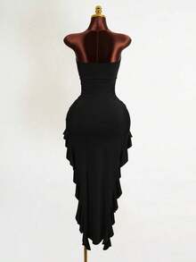 Mistrie Women's Elegant Floral Decor Asymmetrical Ruffle Hem Fitted Tube Dress, Summer - Black - View 2
