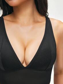 SHAPORA 1pc Women's Black Lace Bra, Semi-Sheer Deep V - Black - View 7