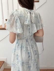 FRIFUL 女士全印花蓝色雪纺连衣裙，收腰设计，显瘦百搭 - 藍色 - 查看 2