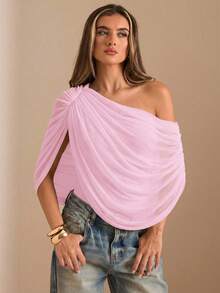SHEIN BAE Höst/Vinter Enfärgad Brun/Kaffefärgad Off-Shoulder Rynkad Elegant Bodysuit, Tätt Åtsittande Elegant Smal Bodysuit, Draperad Topp - Babyrosa - Visa 4