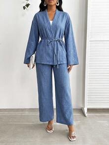 SHEIN Lady 女士条纹长袖上衣和裤子两件套 - 藍色 - 查看 4