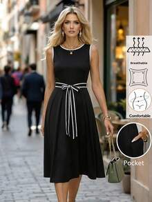 Editum 女士圆领蝴蝶结撞色修身A字针织无袖中长连衣裙，优雅百搭，适合日常穿着和通勤，秋冬季款 - 黑與白 - 查看 9