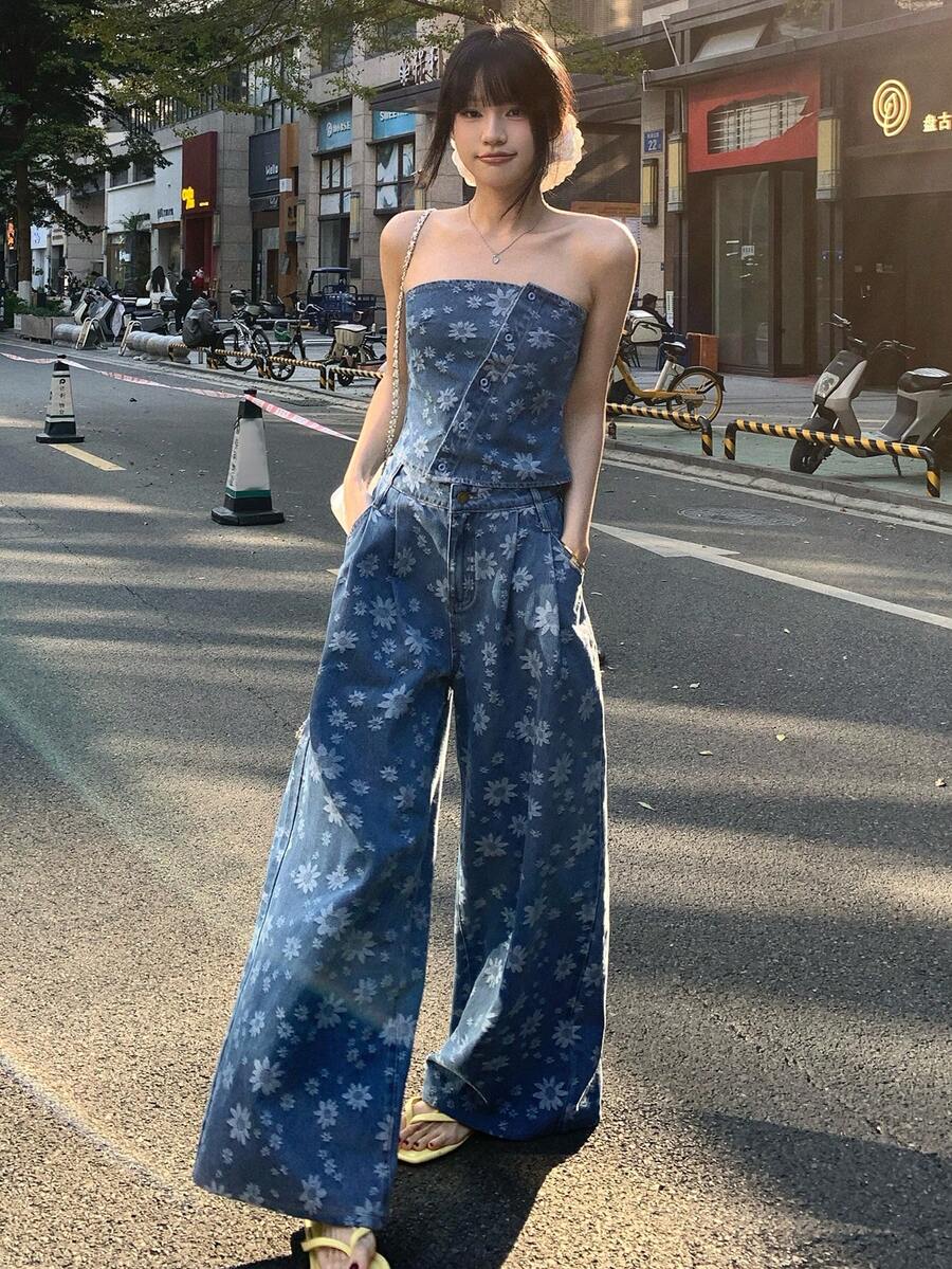 DAZY 女士抹胸上衣和宽松牛仔裤套装 - 藍色 - 查看 1