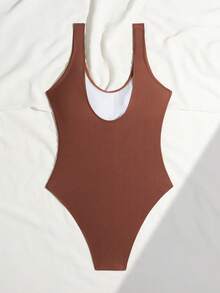 Swim Chiccia 2025 Women's Solid Color One-Piece Swimsuit For Beach Vacation Modest One Piece Swimsuit Tan Swimsuit - Coffee Brown - View 4