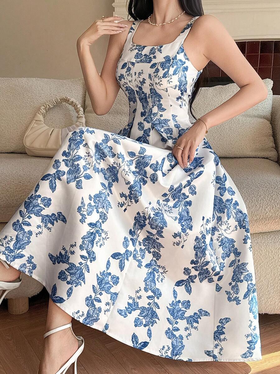 DAZY 女士优雅印花无袖中长连衣裙，夏季婚礼宾客礼服 - 藍色 - 查看 1