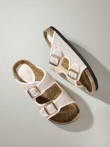 Solecia 女士编织亮面网布双扣设计闭趾休闲平底凉鞋，杏色 - 杏色 - 查看 1