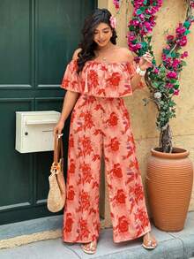 Breezaya Plus Size Women's Coral Floral Print Off-Shoulder Ruffle Sleeve Jumpsuit,Summer Boho Beach Holiday Vacation Outfits,Comfortable Boat Cruise Outfit - Red - View 7