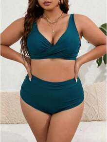 SHEIN Swim Curve Plus Size 2pcs Solid V-Neck Top And High Waist Shorts Women Summer Vacation Bikini Set Set - Teal Blue - View 3