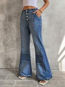 SHEIN 女士休闲水洗低腰喇叭牛仔裤 - 藍色 - 查看 3