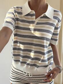 Livesso Women's Casual Striped Button-Up Knit Top - Beige - View 5