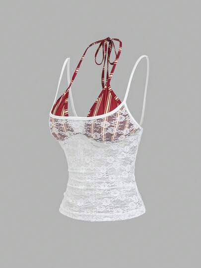 Sweetra New Design Vintage Striped Slim Fit Sleeveless Sexy Asymmetrical 2 In 1 Camisole For Women, Spring/Summer