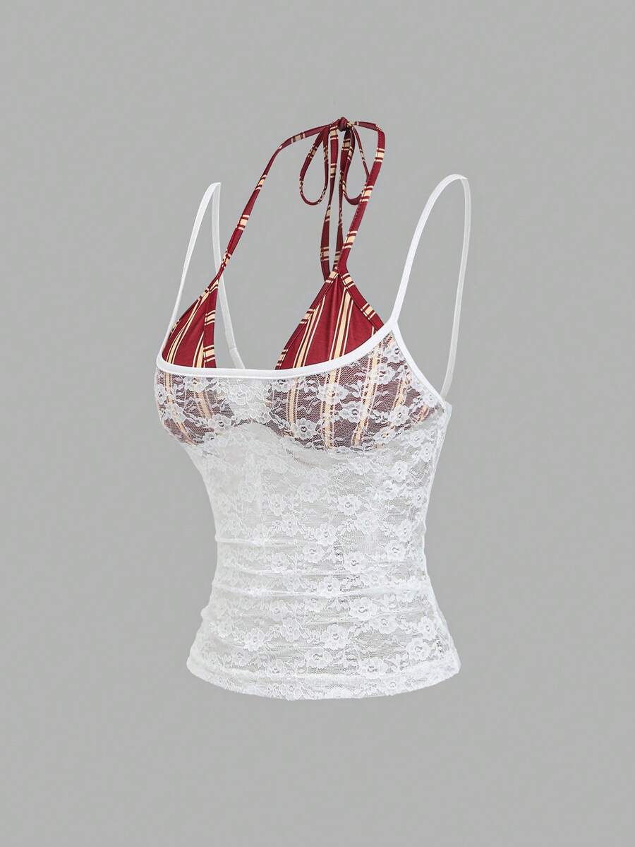 Sweetra Nuevo diseño de camiseta sin mangas asimétrica de 2 en 1 ajustada y con estampado de rayas vintage, para primavera/verano - Multicolor - Ver 1