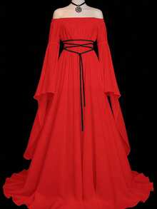 Sunspun 纯色优雅简约收腰喇叭袖连衣裙 - 紅色 - 查看 1