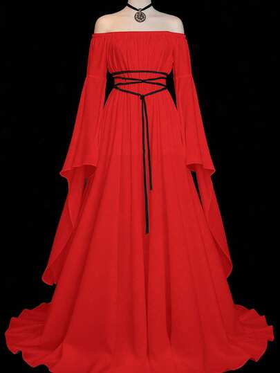 Sunspun Solid Color Elegant Minimalist Cinched Waist Flare Sleeve Dress