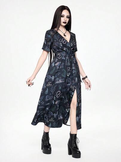 ROMWE Đầm midi quấn cổ chữ V in họa tiết rắn và gai, rừng cấm, phong cách Boho Goth.