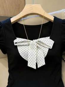 SHEIN Women's Elegant Commuter Polka Dot Patchwork Short Sleeve Knit T-Shirt, Spring/Summer - Black - View 2