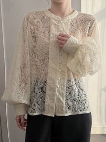 DAZY Women's Elegant Lace Patchwork Round Neck Lantern Sleeve Blouse, Spring/Summer - Apricot - View 8
