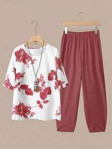 Linhara 大码女装夏季休闲日常圆领印花短袖上衣和松紧腰裤两件套 - 粉色 - 查看 1