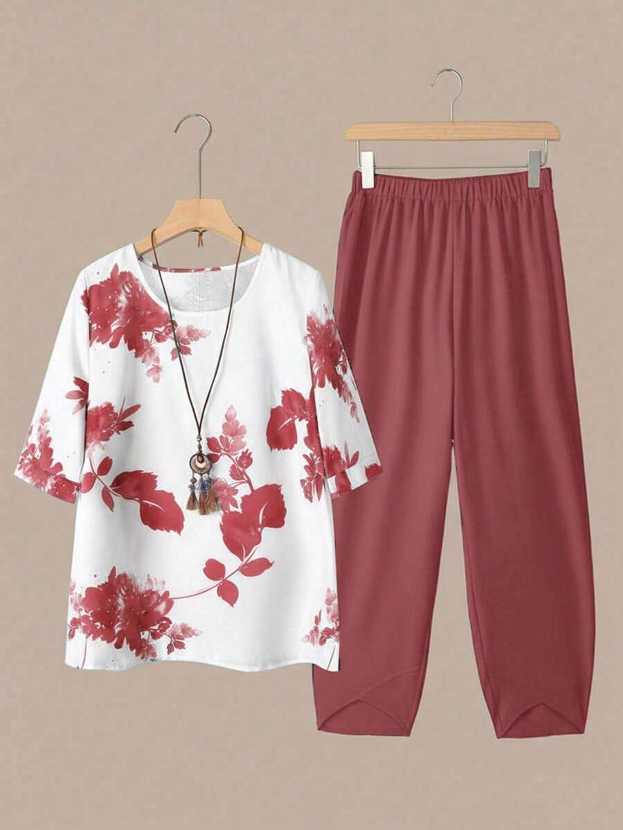 Linhara 大码女装夏季休闲日常圆领印花短袖上衣和松紧腰裤两件套 - 粉色 - 查看 1