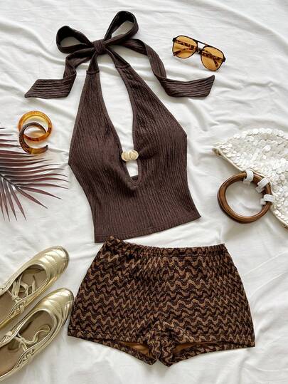 Soleia Women's Sexy Backless Halter Top And Shorts 2 Pieces Set, Summer