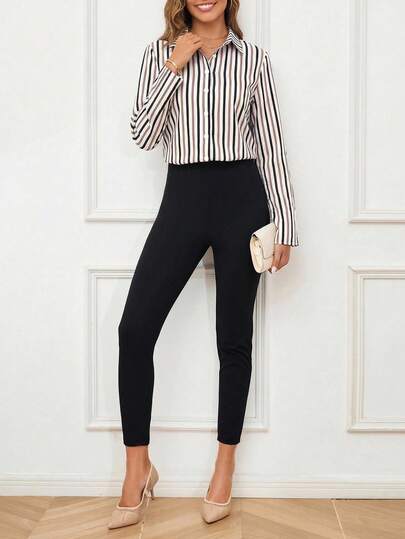 SHEIN Clasi Women's Striped Cardigan Long Sleeve Shirt, Loose Top & Elastic Skinny 7/8 Pants 2 Pieces Set, Elegant For Daily Wear, Commuting, Spring/Summer Summer Outfit For Women Striped Long-Sleeved Shirt, Skinny Cropped Trousers, Office Wear, Commuting Style, Stretchy Knitwear.