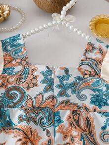 Baby GirlFloral Print Ruffle Collar Romper With Bow, Comfortable & Cute, Suitable For Spring, Summer, Autumn, Suitable For Outings, 3 Months - 3 Years - Multicolor - View 7