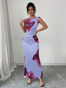 Elenzga Đầm Carnival Purple Vacation cổ tròn không tay in hoa, dáng ôm eo thanh lịch với bèo nhún cho nữ - Màu tím hoa cà - Xem 5