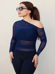 Lupita Cardoza Women Casual Solid Color Asymmetrical Neck Pleated Fitted Long Sleeve T-Shirt, Spring/Autumn - Navy Blue - View 5