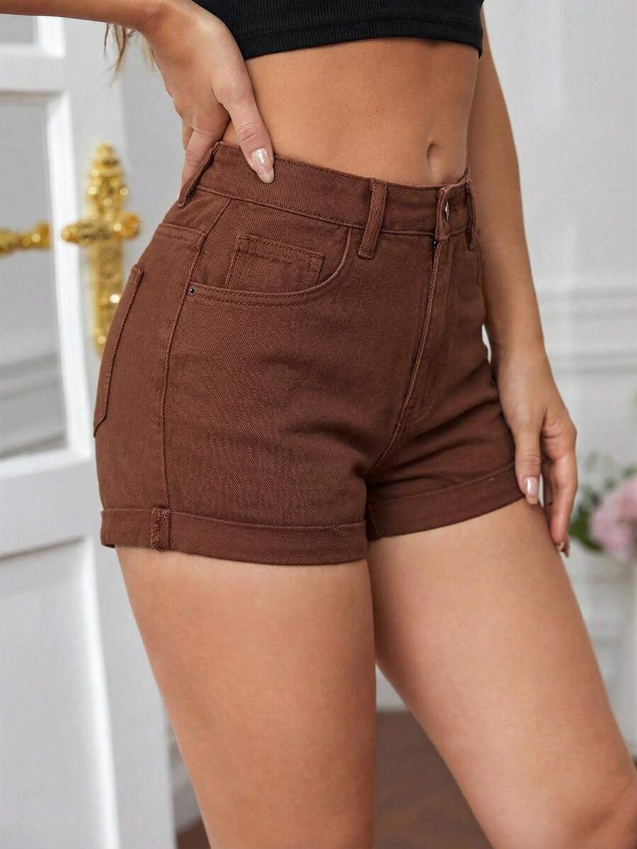 Jeanoix 纯色斜插口袋休闲修身牛仔短裤，春夏款 - 棕色 - 查看 1