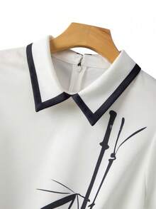GlowEve CURVE Plus Size Bamboo Print Polo Collar Contrast Color Elegant Women's Spring/Summer Dress - White - View 3