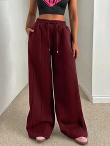 EURMUSE Women Loose Fit Front Stitch Detailed Sweatpant Pant - Burgundy - View 3
