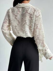 Firerie Spring/Summer New Elegant Refined Romantic Commuter Valentine's Day Date Fashion Lapel Deep Draped Neck Flounced Long Sleeve 3D Textured Fabric Tailored Women's Elegant Commuter White Blouse - Apricot - View 2