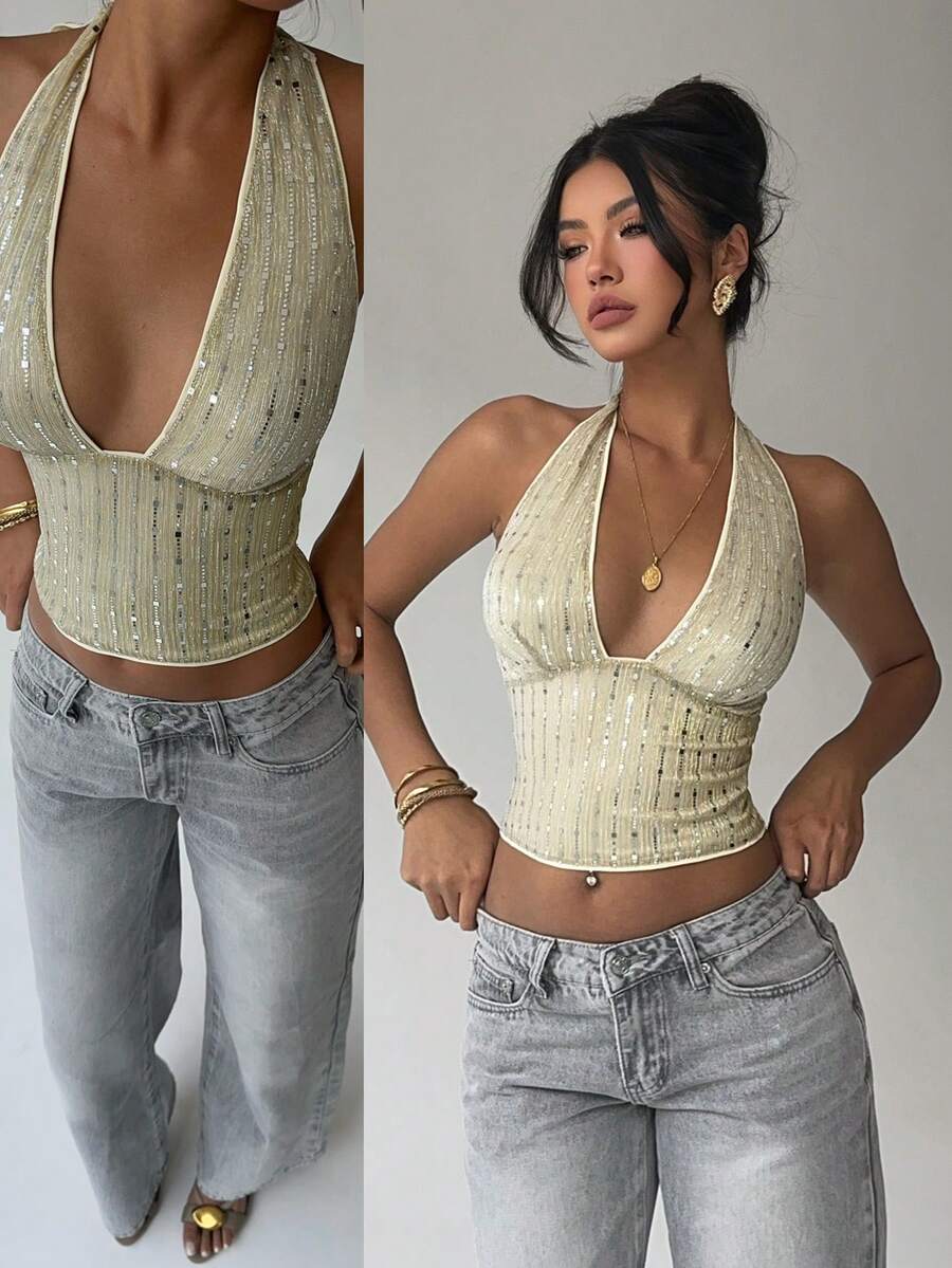 Aloruh Áo kiểu nữ gợi cảm buộc dây sau cổ, đính sequin, thích hợp cho mùa xuân, đi chơi, thanh lịch, gợi cảm, phù hợp đi club, dự tiệc.