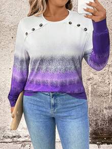EMERY ROSE Plus Size Women's Minimalist Fashion Ombre Graphic Print Crew Neck Long Sleeve Pullover T-Shirt, Suitable For Work Commute And Everyday Wear - Multicolor - View 3