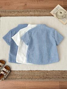 3pcs Kids Tween Boy Casual Vacation Solid Color Patchwork Contrast Color Stand Collar Striped Pattern Button-Up Short Sleeve Loose Shirt Multi-Pack 3 Styles 1 Each 3-Piece Set Suitable For Commuting School Daily Casual Vacation Travel Sports Spring Summer Autumn Winter - Multicolor - View 3