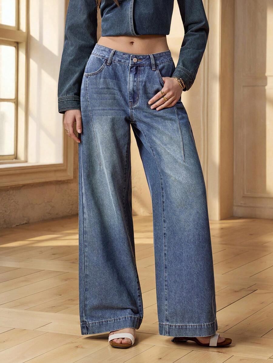 Selenza 女士带口袋纽扣休闲百搭日常穿着阔腿牛仔裤 - 藍色 - 查看 1