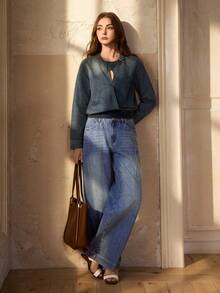 Selenza 女士带口袋纽扣休闲百搭日常穿着阔腿牛仔裤 - 藍色 - 查看 7