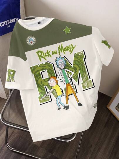 Rick and Morty X SHEIN Camiseta de manga corta de verano con estampado de letras de dibujos animados y contraste de colores, de estilo casual y elegante para el uso diario y el transporte