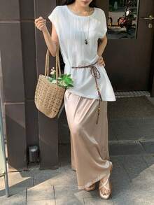 DAZY Women's Asymmetric Collar White Short Sleeve Top And Slant Pocket Skirt Casual 2 Pieces Set Lounge Sets For Women Short Sets For Women Vacation - Khaki - View 6