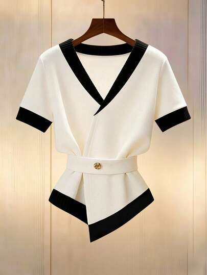 Franclia 优雅黑白拼接深V领短袖不对称下摆轻薄针织上衣，女款，春夏