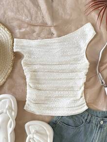 SHEIN Tween Girl Solid Color Textured Ruched Fashionable Versatile Blouse For Dates & Outings,Kids - Apricot - View 2