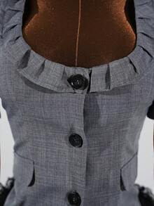 SaltGleam SaltGleam 修身格纹方领荷叶边单排扣黑色纽扣前襟假口袋后背蝴蝶结腰带优雅女士衬衫 - 灰色 - 查看 6