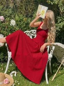 SHEIN MOD Women's Red Mid-Length Dress With Bowknot Decor On Back,Backless Dress,Vacation Outfits ,Modest Dresses For Women,Spring Break Dresses,Summer Holiday Outfits,Valentine's Day Dress,Birthday Dress For Women, Elegant Dresses For Party,Red Dress,Wedding Dress Bow Back Dress Red Open Back Dress Dress With Bow In The Back - Red - View 2