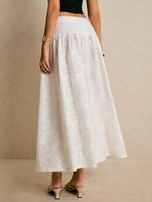 Poéselle 法式针织提花半身裙，白色蕾丝长裙，高腰飘逸波西米亚风半身裙，纽扣细节设计，优雅夏季 - 白色 - 查看 2