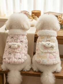 PETSIN 宠物背心 冬季棉绒娃娃领背心开衫背心 狗狗猫咪牵引扣棉质韩版蝴蝶结小熊印花宠物服装 - 彩色 - 查看 2