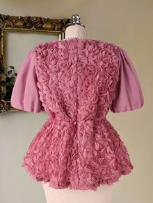 Modelyn 大码女式3D玫瑰灯笼袖方领收腰优雅浪漫法式衬衫 - 粉色 - 查看 2