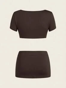 Coolane Setelan Dua Potong Wanita Musim Panas Kasual untuk Malam Hari, Warna Cokelat Tua Gaya Y2K, Kaos Crop Slim Fit dengan Kancing Depan dan Rok Mini Pinggang Rendah dengan Pakaian Dalam, Pakaian untuk Pesta Rave - Coklat - View 8
